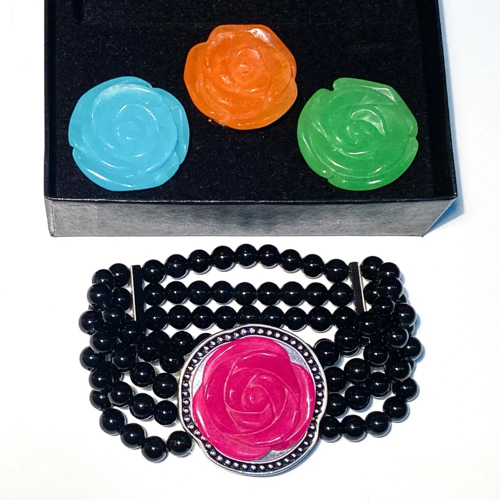 HSN Onyx Stretch Bracelet with Interchangeable 4-in-1 Magnetic Carved Roses - Picture 1 of 14